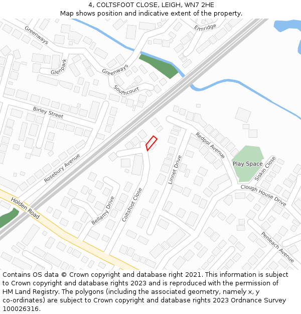 4, COLTSFOOT CLOSE, LEIGH, WN7 2HE: Location map and indicative extent of plot