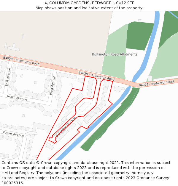 4, COLUMBIA GARDENS, BEDWORTH, CV12 9EF: Location map and indicative extent of plot