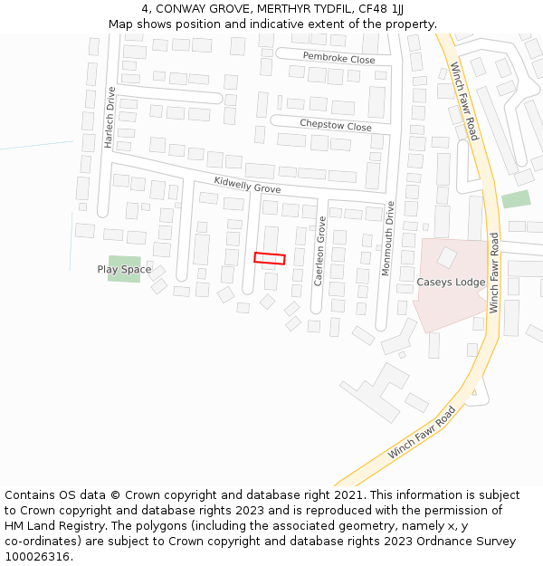 4, CONWAY GROVE, MERTHYR TYDFIL, CF48 1JJ: Location map and indicative extent of plot