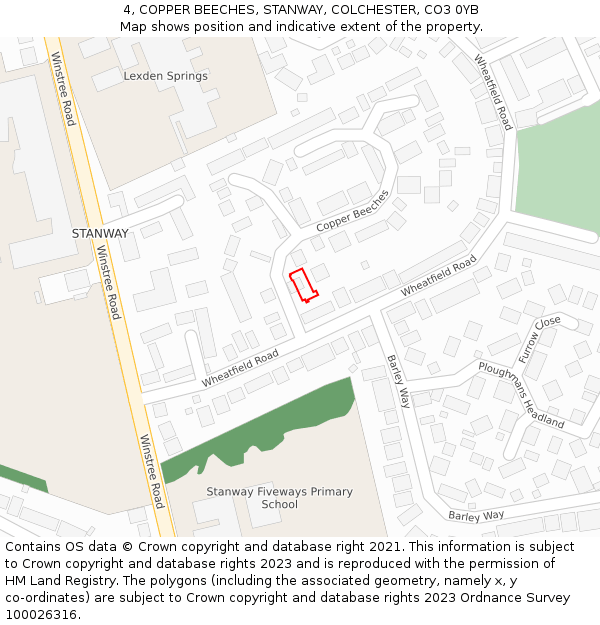 4, COPPER BEECHES, STANWAY, COLCHESTER, CO3 0YB: Location map and indicative extent of plot