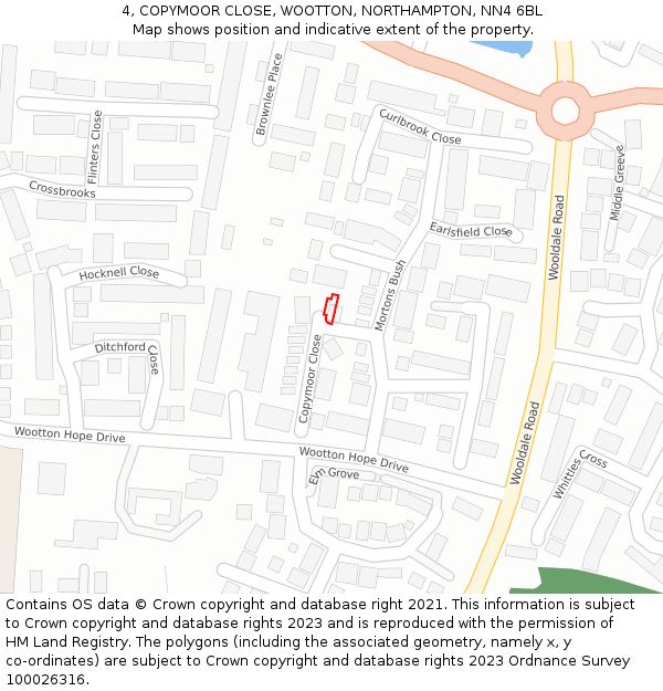 4, COPYMOOR CLOSE, WOOTTON, NORTHAMPTON, NN4 6BL: Location map and indicative extent of plot