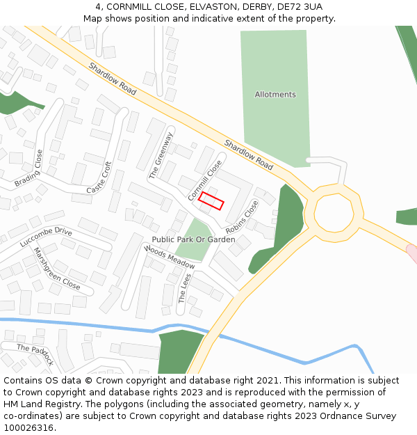 4, CORNMILL CLOSE, ELVASTON, DERBY, DE72 3UA: Location map and indicative extent of plot