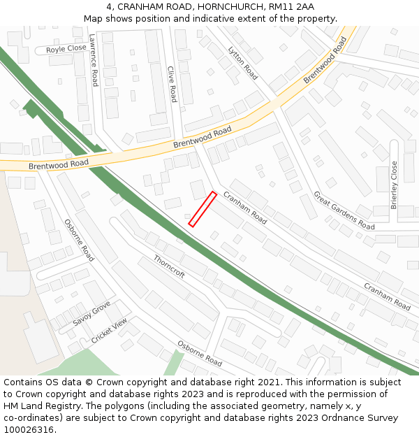 4, CRANHAM ROAD, HORNCHURCH, RM11 2AA: Location map and indicative extent of plot