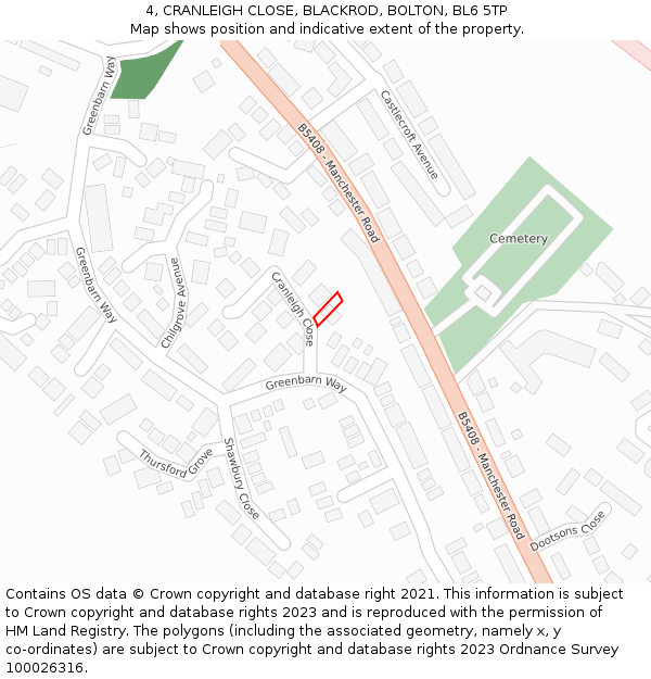 4, CRANLEIGH CLOSE, BLACKROD, BOLTON, BL6 5TP: Location map and indicative extent of plot