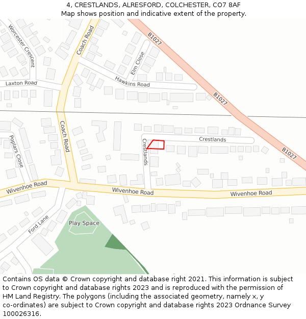 4, CRESTLANDS, ALRESFORD, COLCHESTER, CO7 8AF: Location map and indicative extent of plot