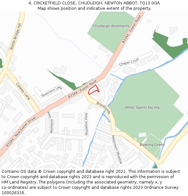 4, CRICKETFIELD CLOSE, CHUDLEIGH, NEWTON ABBOT, TQ13 0GA: Location map and indicative extent of plot