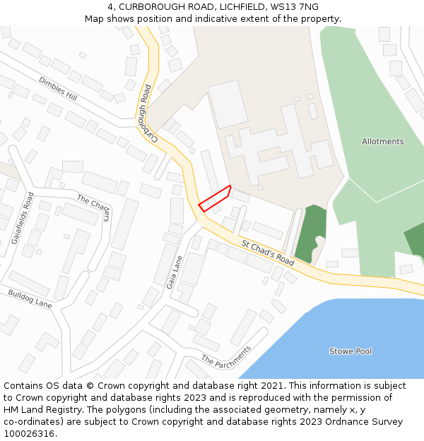 4, CURBOROUGH ROAD, LICHFIELD, WS13 7NG: Location map and indicative extent of plot