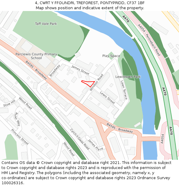 4, CWRT Y FFOUNDRI, TREFOREST, PONTYPRIDD, CF37 1BF: Location map and indicative extent of plot