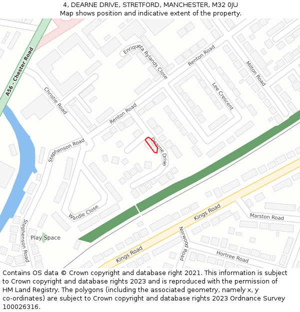 4, DEARNE DRIVE, STRETFORD, MANCHESTER, M32 0JU: Location map and indicative extent of plot