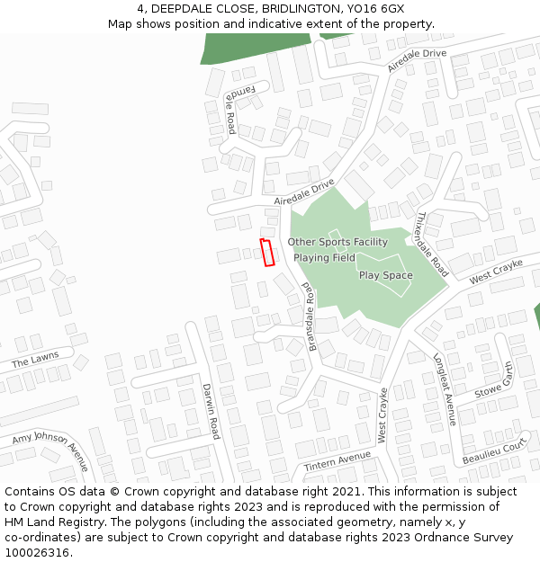 4, DEEPDALE CLOSE, BRIDLINGTON, YO16 6GX: Location map and indicative extent of plot