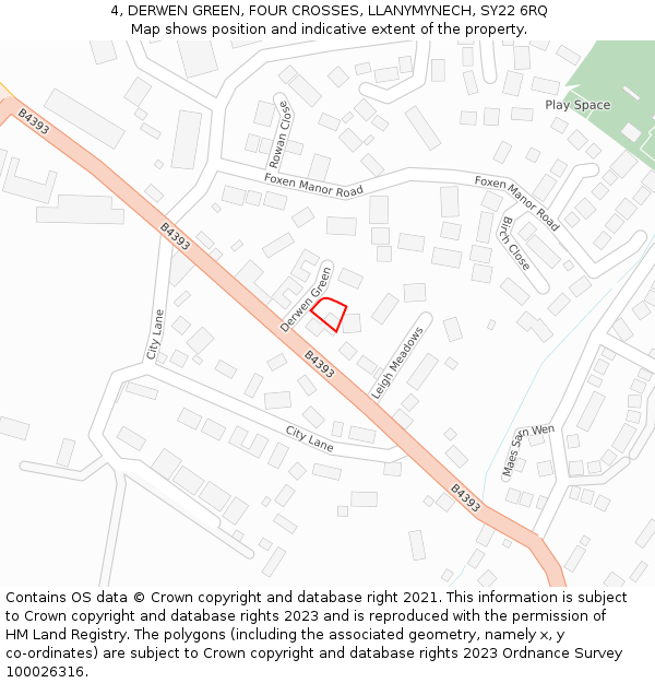 4, DERWEN GREEN, FOUR CROSSES, LLANYMYNECH, SY22 6RQ: Location map and indicative extent of plot