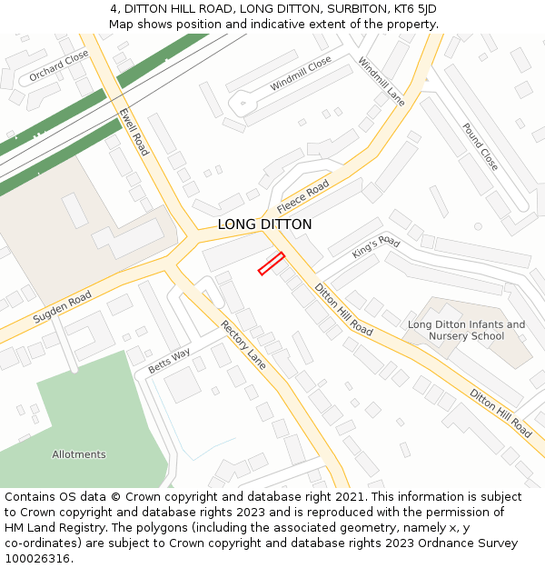 4, DITTON HILL ROAD, LONG DITTON, SURBITON, KT6 5JD: Location map and indicative extent of plot