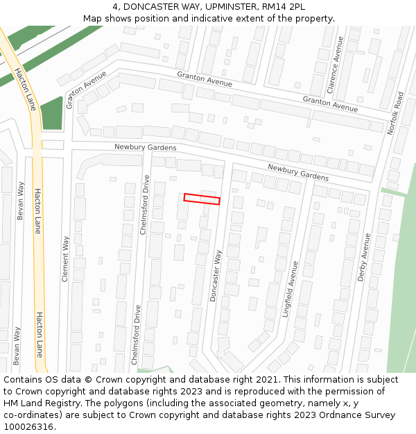 4, DONCASTER WAY, UPMINSTER, RM14 2PL: Location map and indicative extent of plot