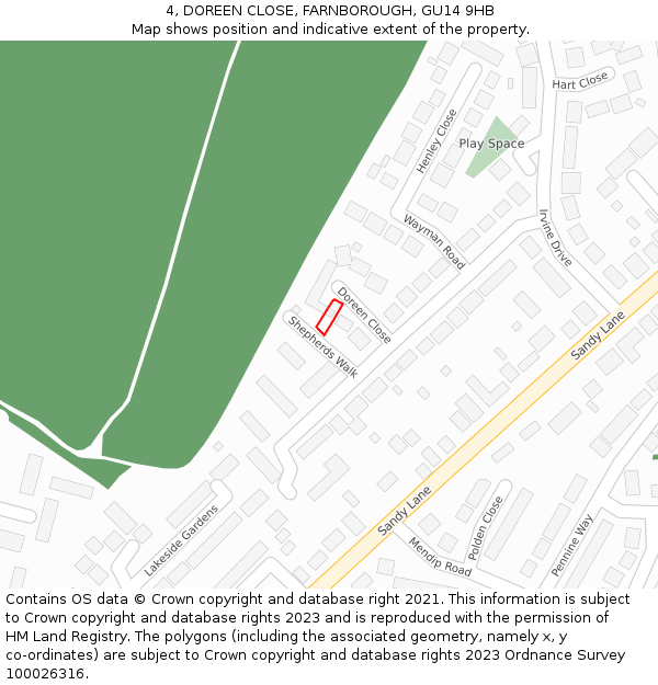 4, DOREEN CLOSE, FARNBOROUGH, GU14 9HB: Location map and indicative extent of plot