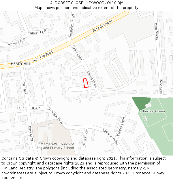 4, DORSET CLOSE, HEYWOOD, OL10 3JA: Location map and indicative extent of plot