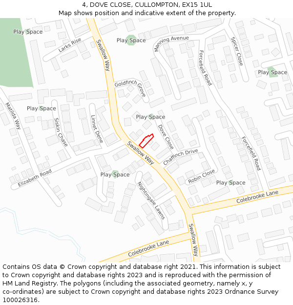 4, DOVE CLOSE, CULLOMPTON, EX15 1UL: Location map and indicative extent of plot