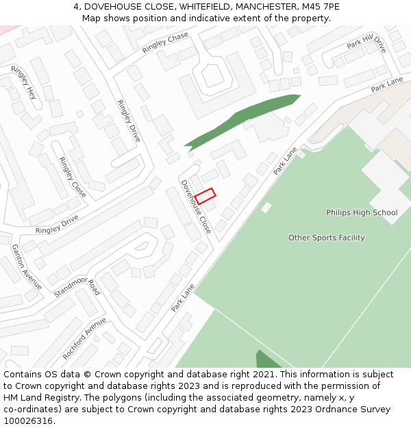 4, DOVEHOUSE CLOSE, WHITEFIELD, MANCHESTER, M45 7PE: Location map and indicative extent of plot
