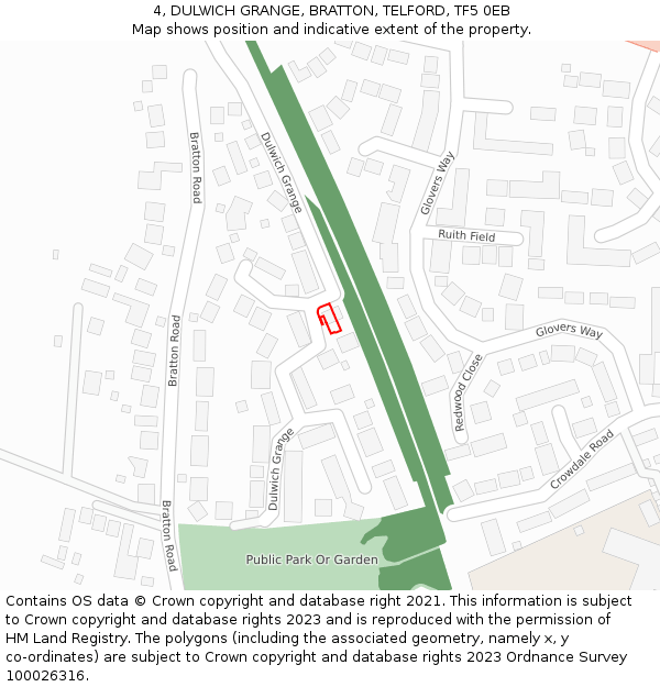 4, DULWICH GRANGE, BRATTON, TELFORD, TF5 0EB: Location map and indicative extent of plot