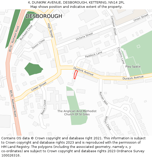 4, DUNKIRK AVENUE, DESBOROUGH, KETTERING, NN14 2PL: Location map and indicative extent of plot