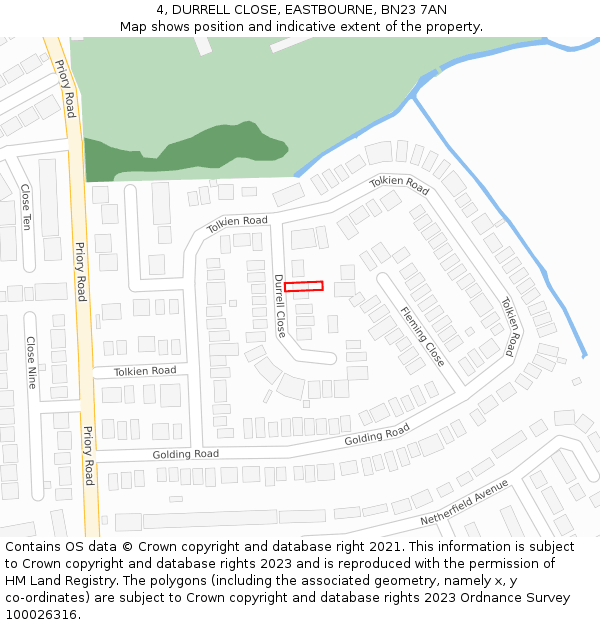 4, DURRELL CLOSE, EASTBOURNE, BN23 7AN: Location map and indicative extent of plot