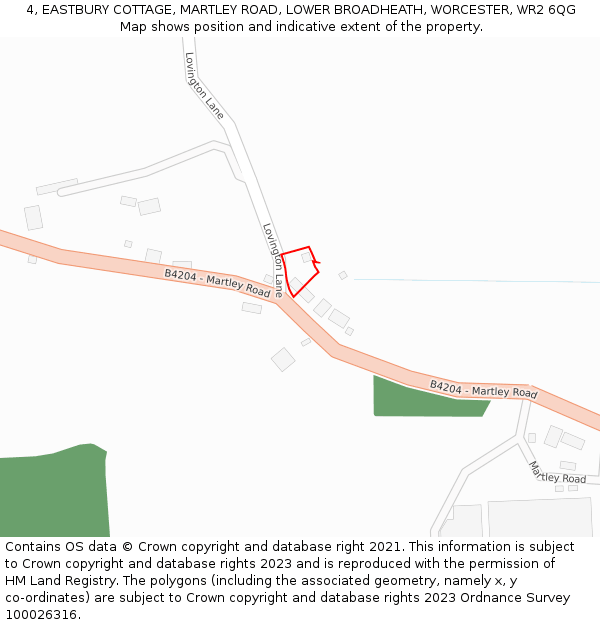 4, EASTBURY COTTAGE, MARTLEY ROAD, LOWER BROADHEATH, WORCESTER, WR2 6QG: Location map and indicative extent of plot