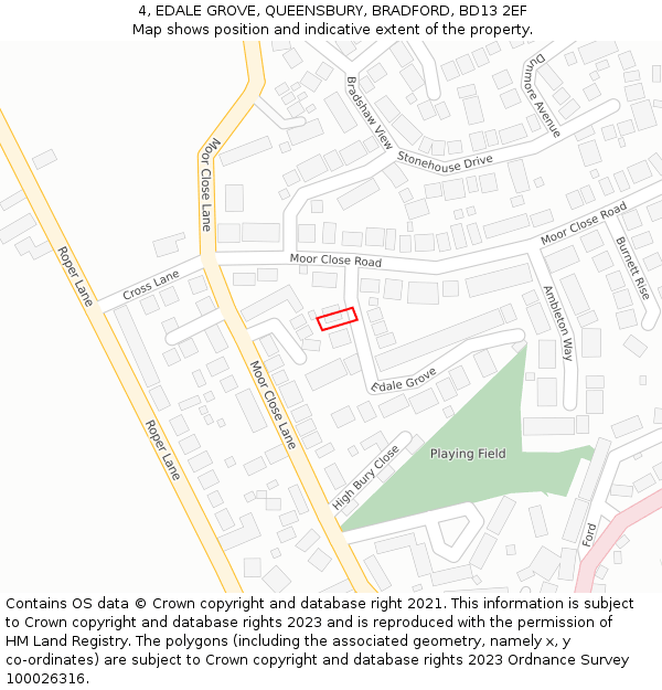 4, EDALE GROVE, QUEENSBURY, BRADFORD, BD13 2EF: Location map and indicative extent of plot