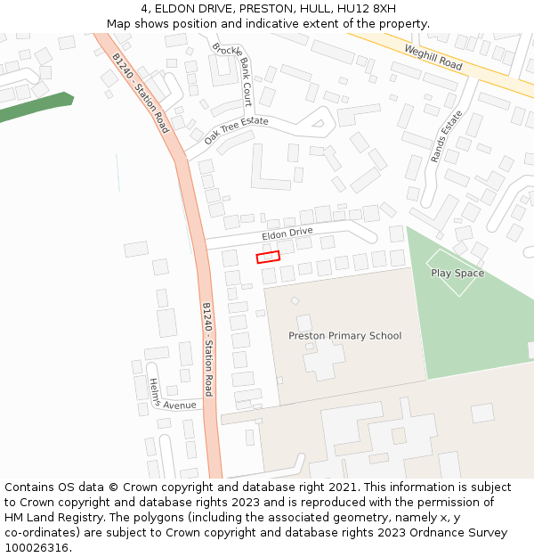 4, ELDON DRIVE, PRESTON, HULL, HU12 8XH: Location map and indicative extent of plot