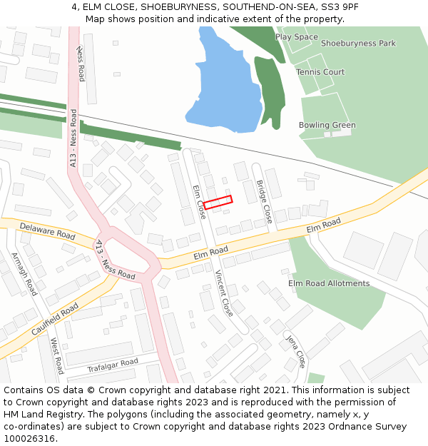 4, ELM CLOSE, SHOEBURYNESS, SOUTHEND-ON-SEA, SS3 9PF: Location map and indicative extent of plot