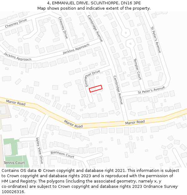 4, EMMANUEL DRIVE, SCUNTHORPE, DN16 3PE: Location map and indicative extent of plot