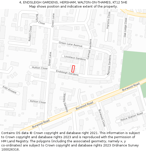 4, ENDSLEIGH GARDENS, HERSHAM, WALTON-ON-THAMES, KT12 5HE: Location map and indicative extent of plot