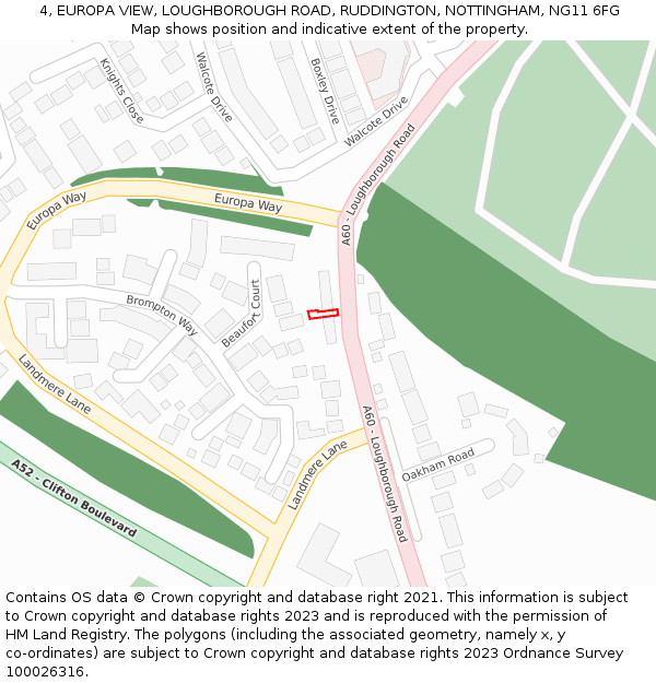 4, EUROPA VIEW, LOUGHBOROUGH ROAD, RUDDINGTON, NOTTINGHAM, NG11 6FG: Location map and indicative extent of plot