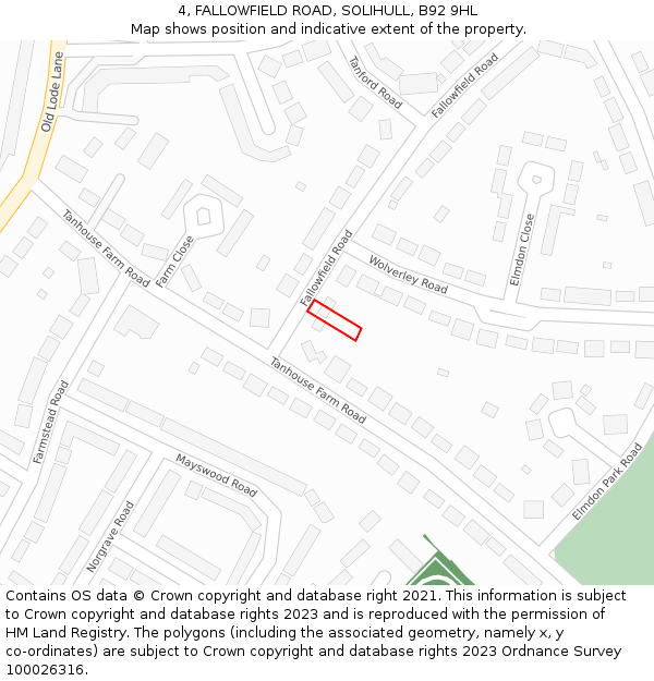 4, FALLOWFIELD ROAD, SOLIHULL, B92 9HL: Location map and indicative extent of plot