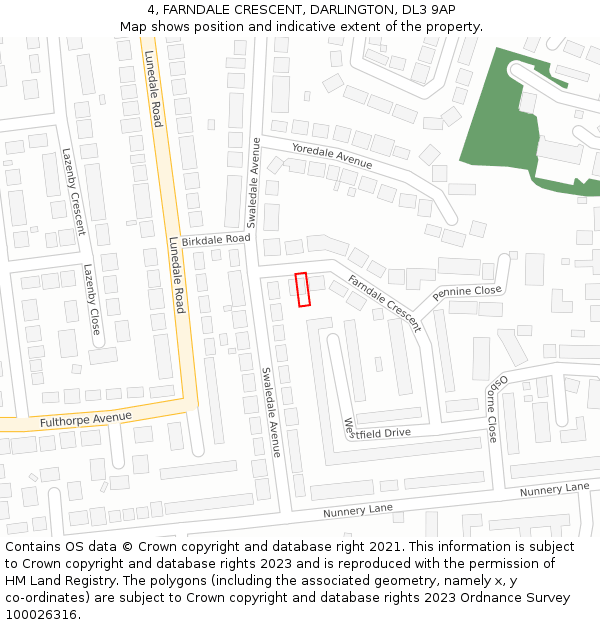 4, FARNDALE CRESCENT, DARLINGTON, DL3 9AP: Location map and indicative extent of plot