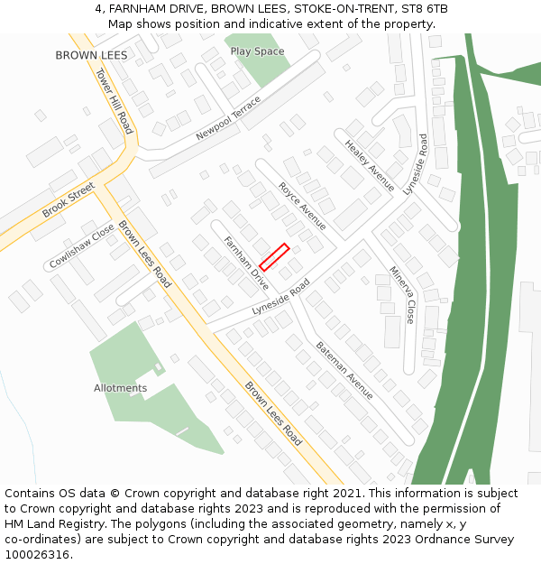 4, FARNHAM DRIVE, BROWN LEES, STOKE-ON-TRENT, ST8 6TB: Location map and indicative extent of plot