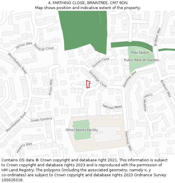 4, FARTHING CLOSE, BRAINTREE, CM7 9DN: Location map and indicative extent of plot