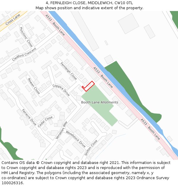 4, FERNLEIGH CLOSE, MIDDLEWICH, CW10 0TL: Location map and indicative extent of plot