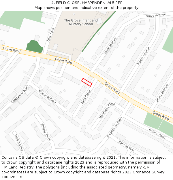 4, FIELD CLOSE, HARPENDEN, AL5 1EP: Location map and indicative extent of plot