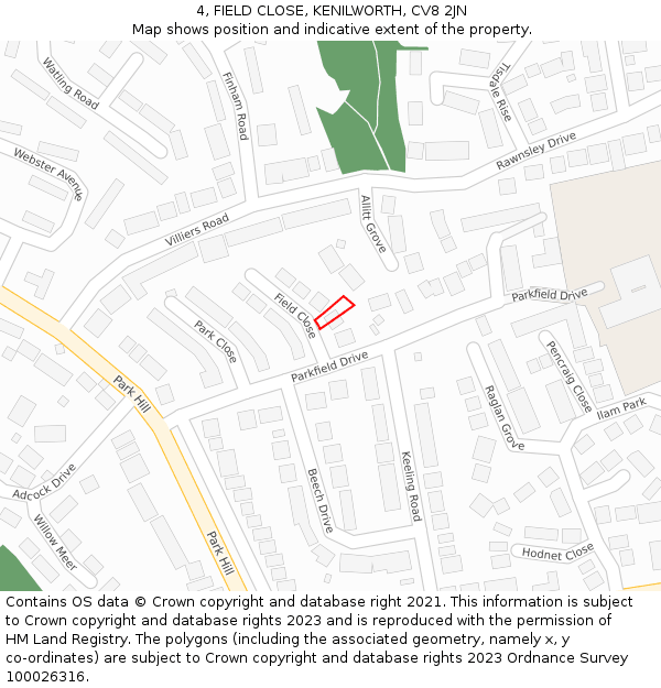 4, FIELD CLOSE, KENILWORTH, CV8 2JN: Location map and indicative extent of plot