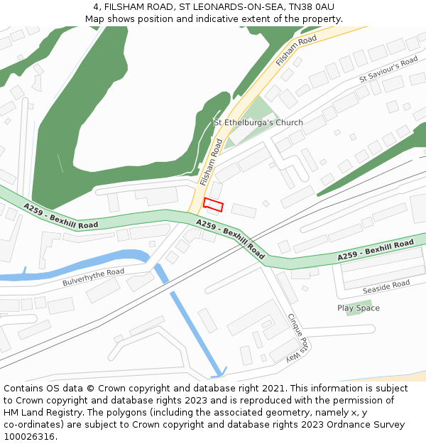 4, FILSHAM ROAD, ST LEONARDS-ON-SEA, TN38 0AU: Location map and indicative extent of plot