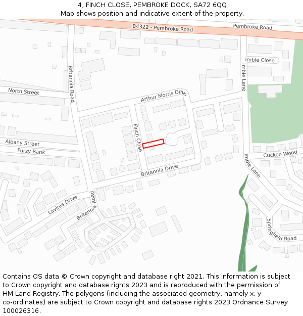 4, FINCH CLOSE, PEMBROKE DOCK, SA72 6QQ: Location map and indicative extent of plot