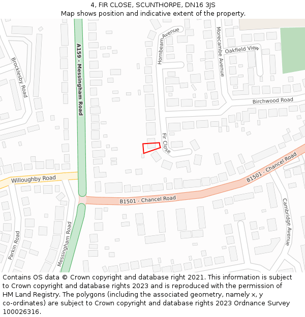 4, FIR CLOSE, SCUNTHORPE, DN16 3JS: Location map and indicative extent of plot
