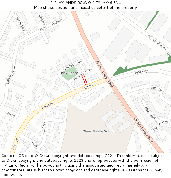 4, FLAXLANDS ROW, OLNEY, MK46 5NU: Location map and indicative extent of plot
