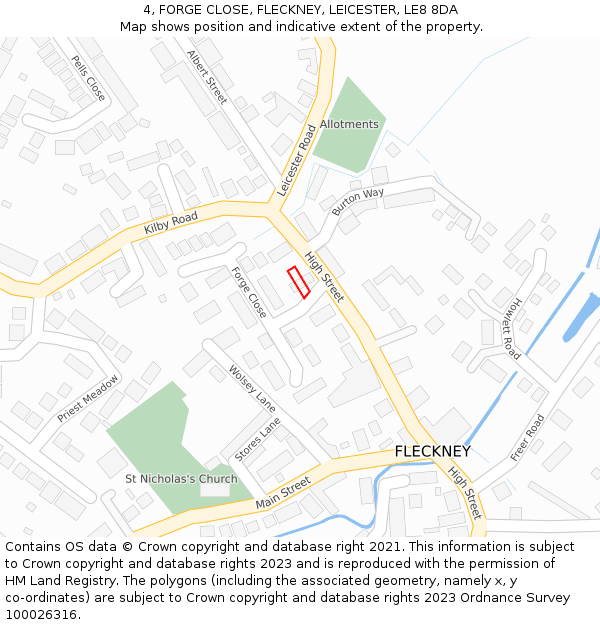 4, FORGE CLOSE, FLECKNEY, LEICESTER, LE8 8DA: Location map and indicative extent of plot