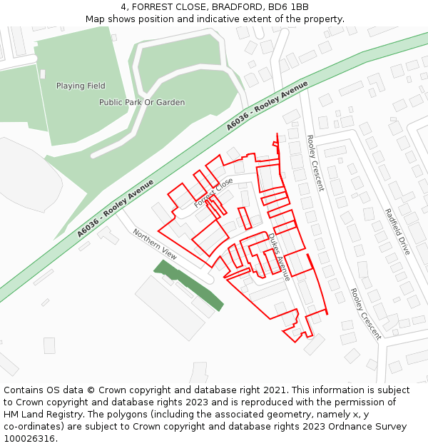 4, FORREST CLOSE, BRADFORD, BD6 1BB: Location map and indicative extent of plot