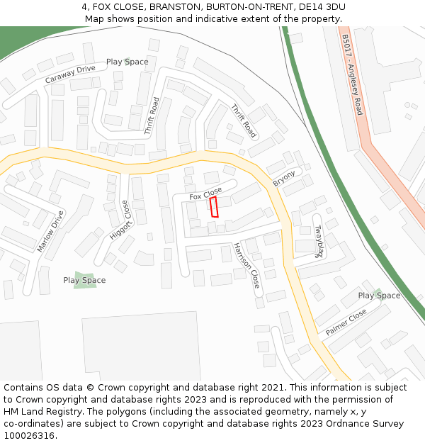 4, FOX CLOSE, BRANSTON, BURTON-ON-TRENT, DE14 3DU: Location map and indicative extent of plot