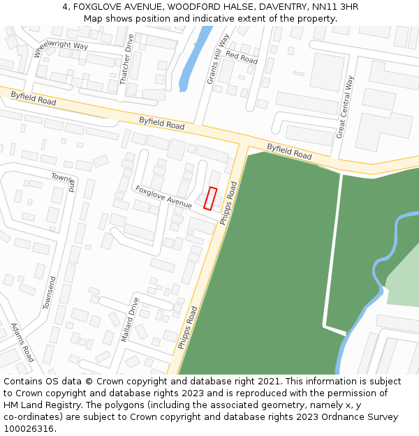 4, FOXGLOVE AVENUE, WOODFORD HALSE, DAVENTRY, NN11 3HR: Location map and indicative extent of plot