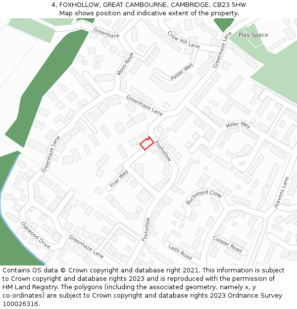 4, FOXHOLLOW, GREAT CAMBOURNE, CAMBRIDGE, CB23 5HW: Location map and indicative extent of plot