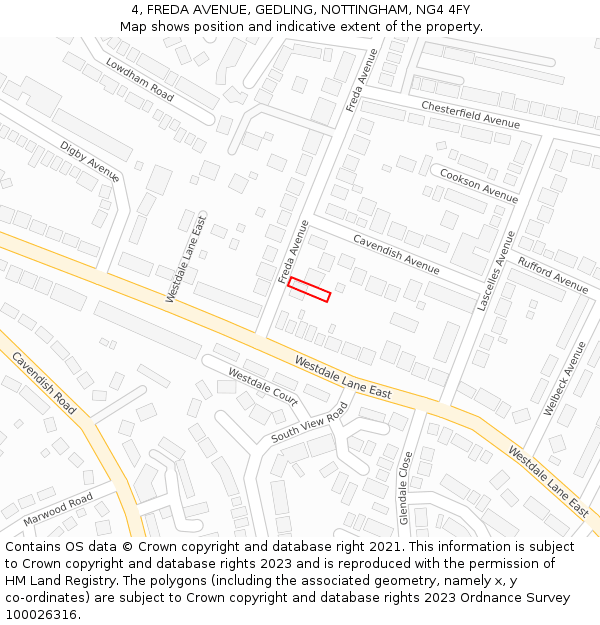 4, FREDA AVENUE, GEDLING, NOTTINGHAM, NG4 4FY: Location map and indicative extent of plot