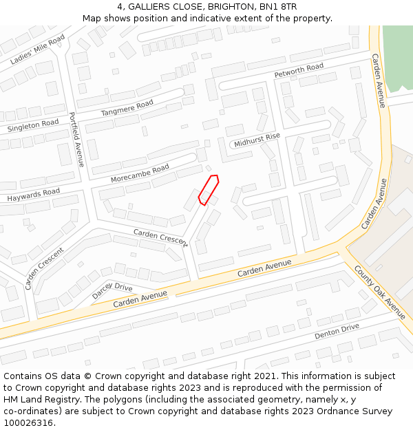 4, GALLIERS CLOSE, BRIGHTON, BN1 8TR: Location map and indicative extent of plot