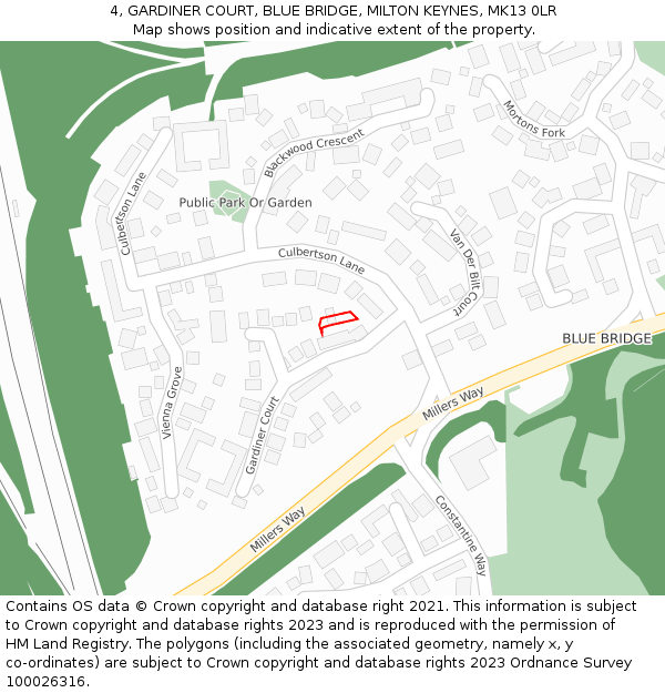 4, GARDINER COURT, BLUE BRIDGE, MILTON KEYNES, MK13 0LR: Location map and indicative extent of plot